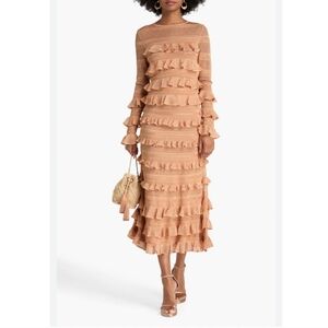 Zimmerman Illustration Ruffled Crochet Knit Midi Skirt And Top Set Peach